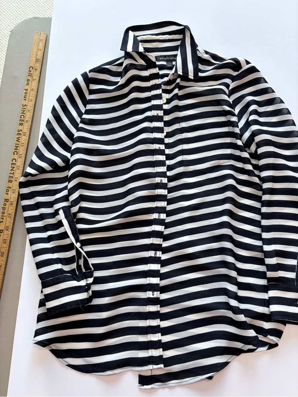 Banana Republic Navy and White Striped Button-Up Blouse